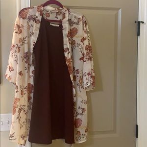 plum dress with floral kimono